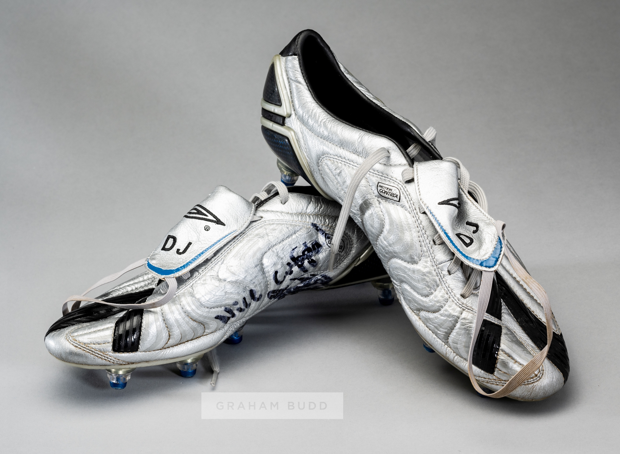 Portsmouth's David James signed Umbro X Wishbone football boots,  silver and black boots signed in