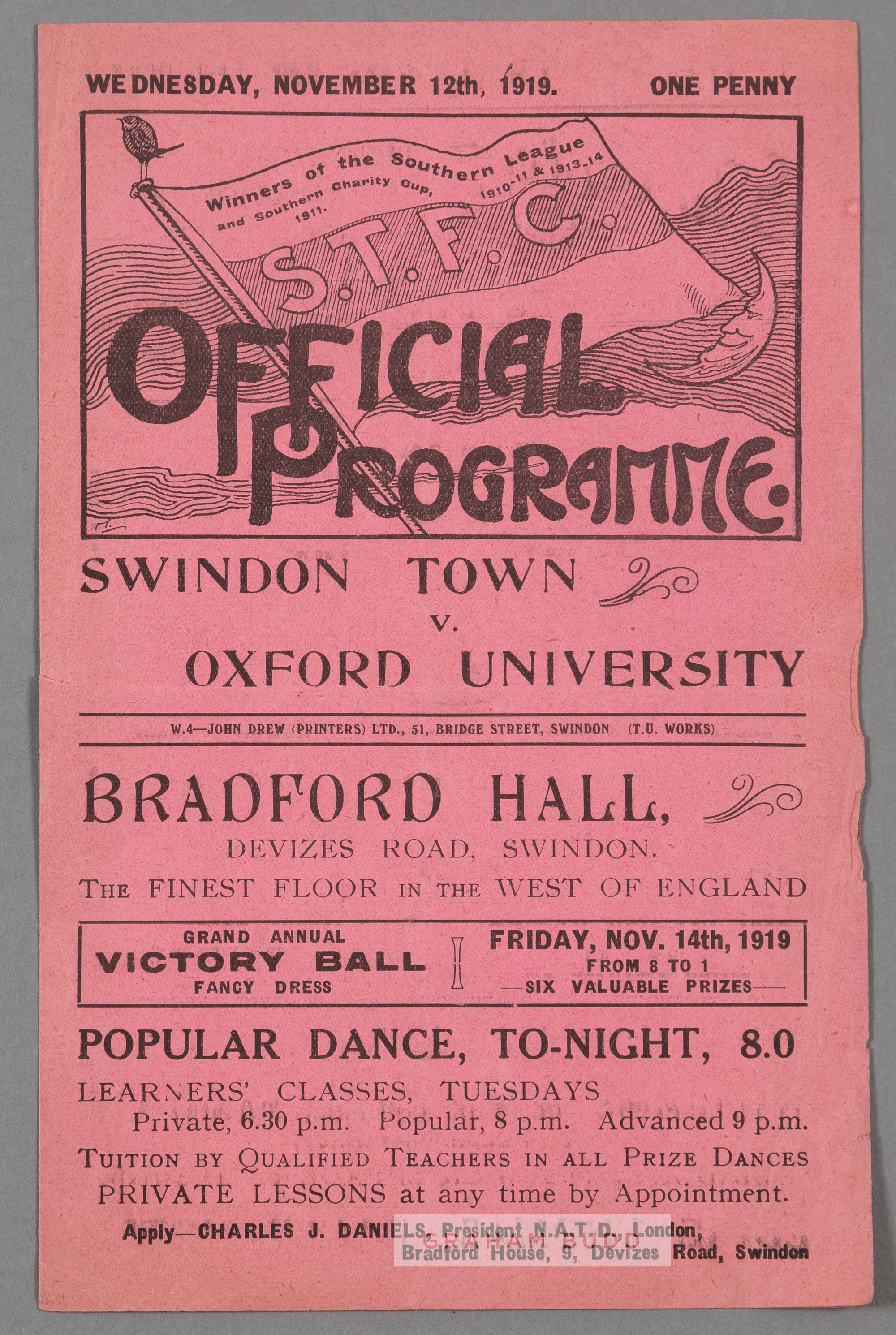 Swindon Town v Oxford University programme 12th November 1919, Friendly