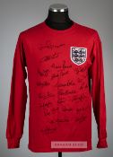 Red England Bobby Moore No.6 1966 World Cup Final retro jersey signed by 21 members of Alf Ramsey'