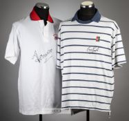 Tim Henman and Greg Rusedski signed tennis polo shirts, the first a white and red Great Britain