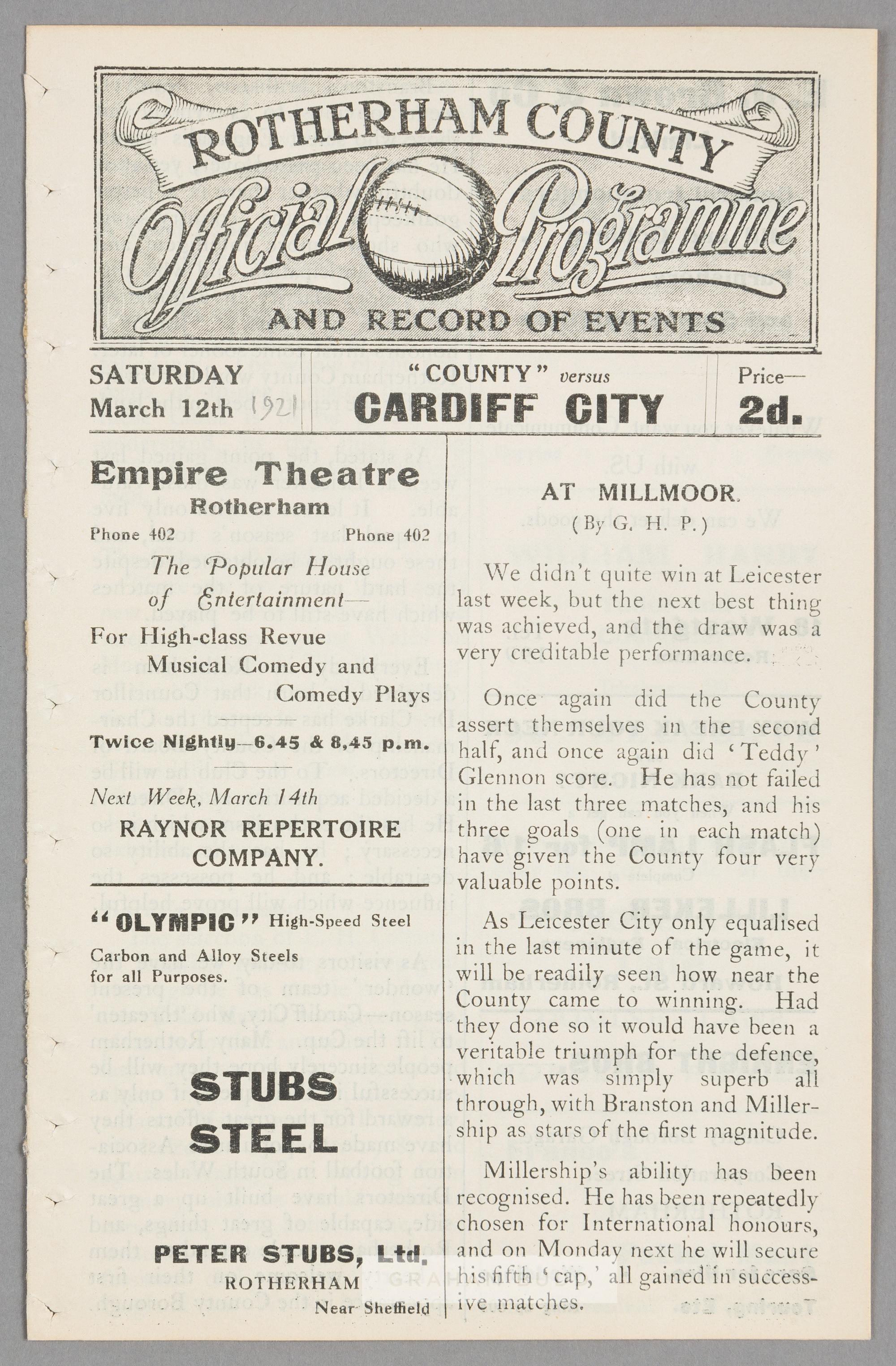 Rotherham County v Cardiff City programme 12th March 1921, F.L. Division Two fixture, ex-binder