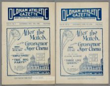 Two Oldham Athletic home programmes dating from 1930, F.L. Division Two fixtures v Cardiff City 5th