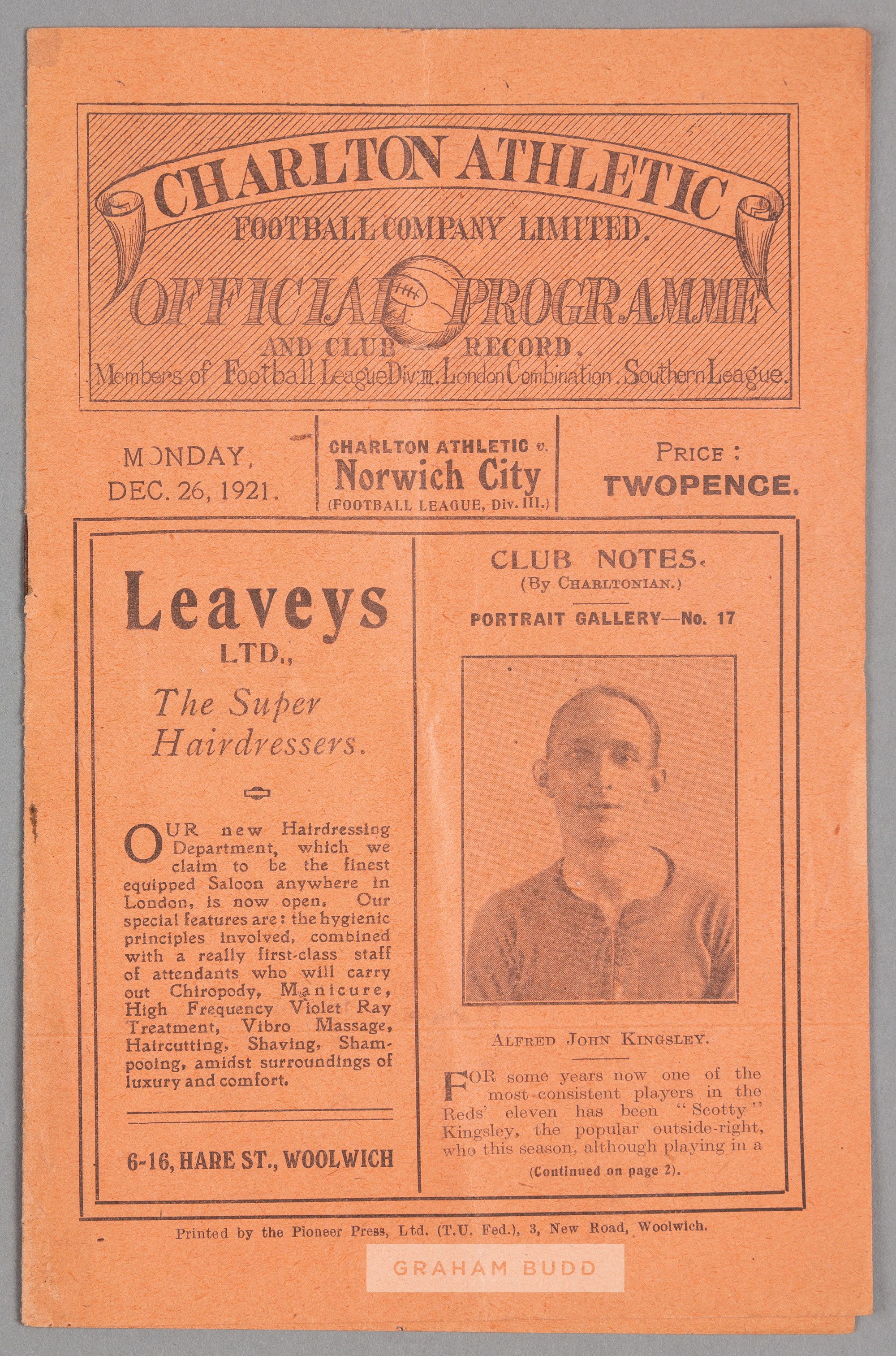 Charlton Athletic v Norwich City programme 26th December 1921, FL Division Three (South) fixture