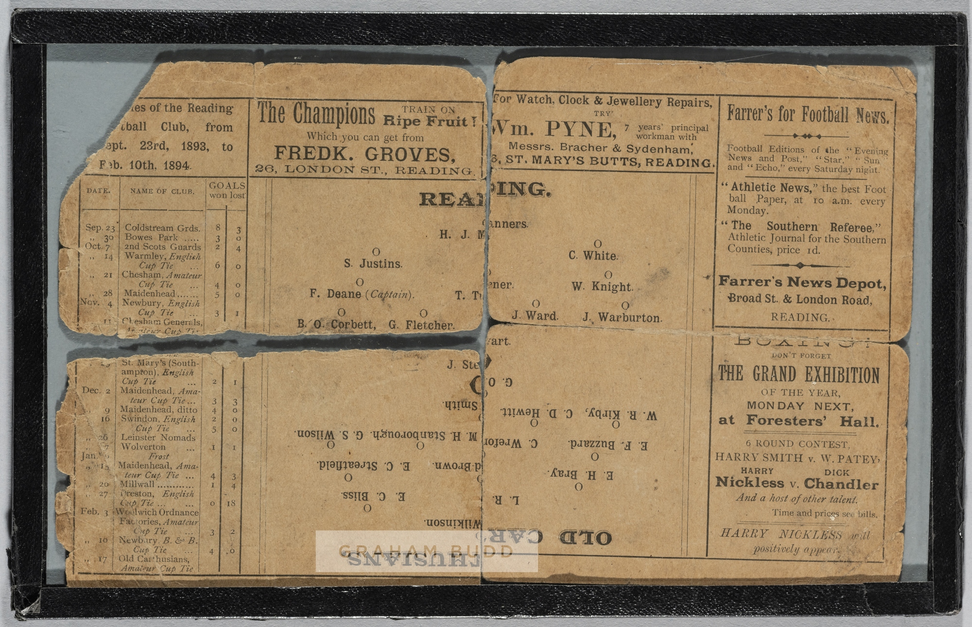 Reading v Old Carthusians programme 17th February 1894 from the first ever F.A. Amateur Cup