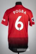 Paul Pogba red Manchester United no.6 home jersey, season 2018-19, Adidas, short-sleeved with