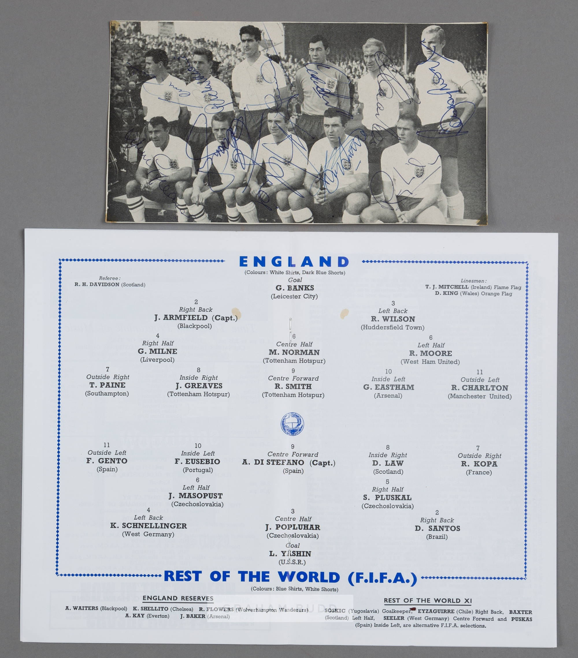England team-signed b&w photograph from the F.A. Centenary Match v Rest of the World at Wembley,