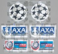 Six unused football jersey sleeve badges,  comprising two UEFA STARBALL, diameter 7.5cm; two AXA THE