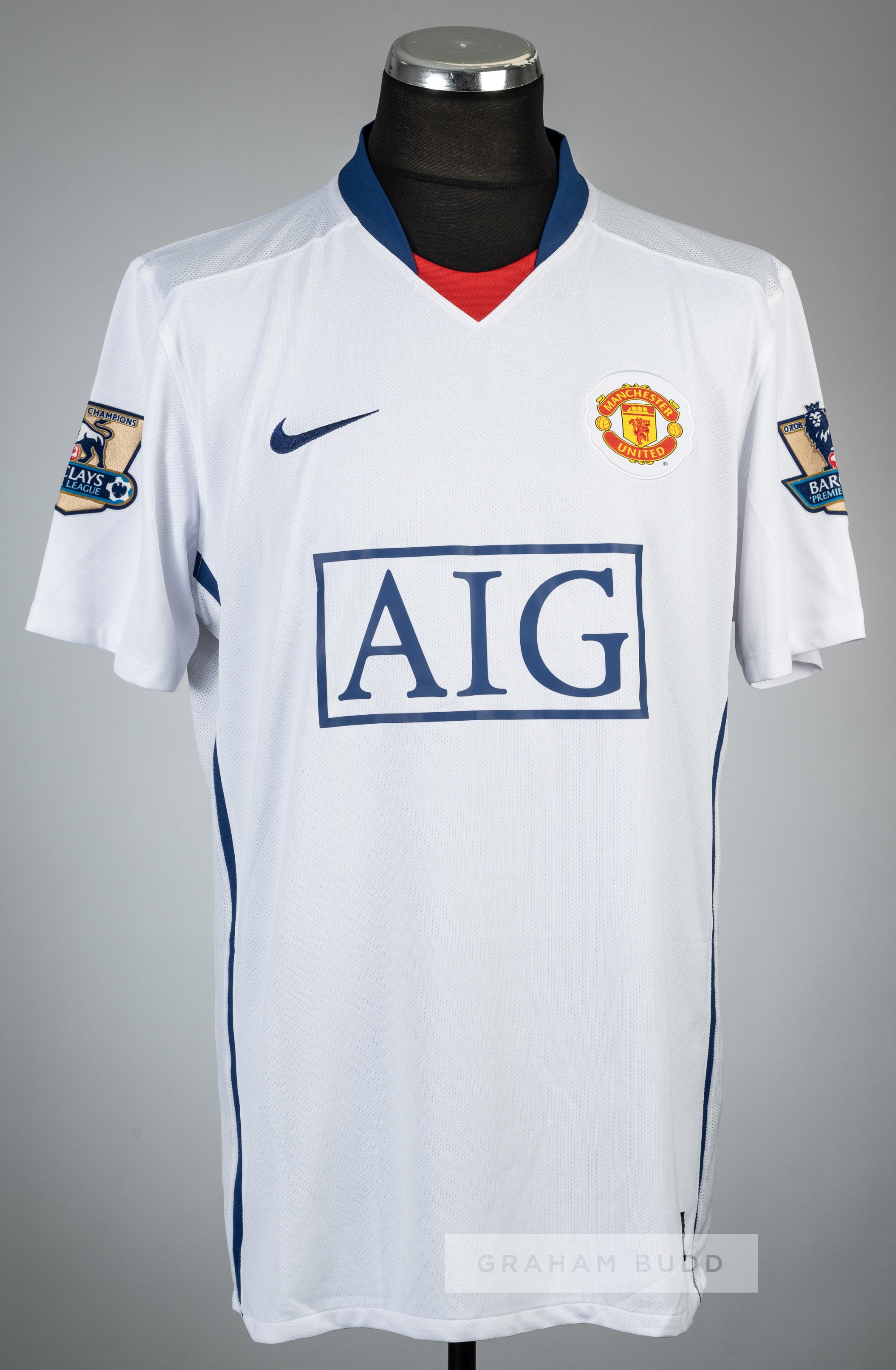 Rio Ferdinand white Manchester United no.5 away jersey, season 2008-09, Nike, short-sleeved with - Image 2 of 2