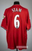 Jaap Stam red Manchester United no.6 home jersey, season 2001-02, Umbro, short-sleeved with THE FA