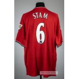 Jaap Stam red Manchester United no.6 home jersey, season 2001-02, Umbro, short-sleeved with THE FA