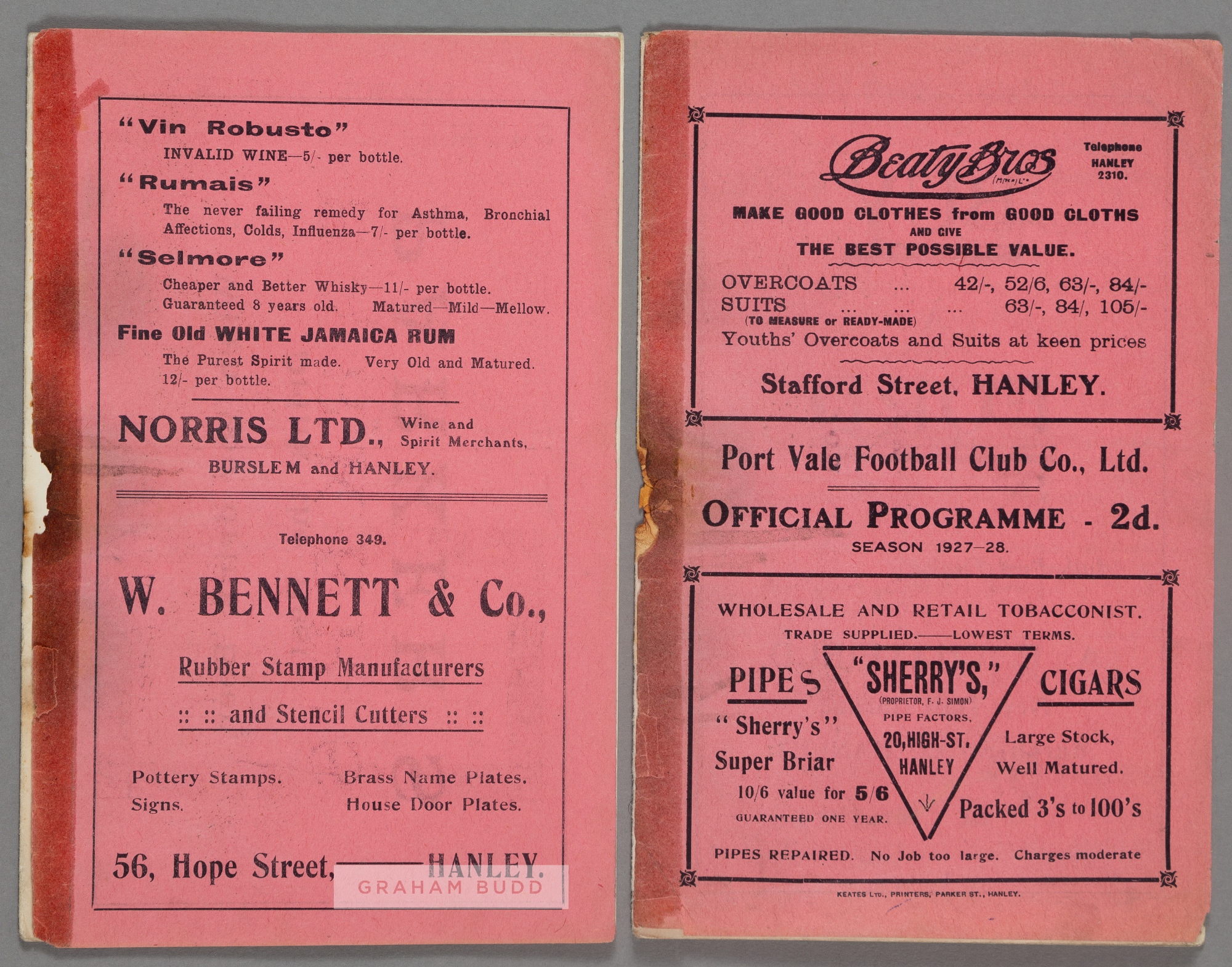 Two Port Vale home programmes, v Barnsley 14th January 1928 (FAC3) and F.L. Division Two v Stoke