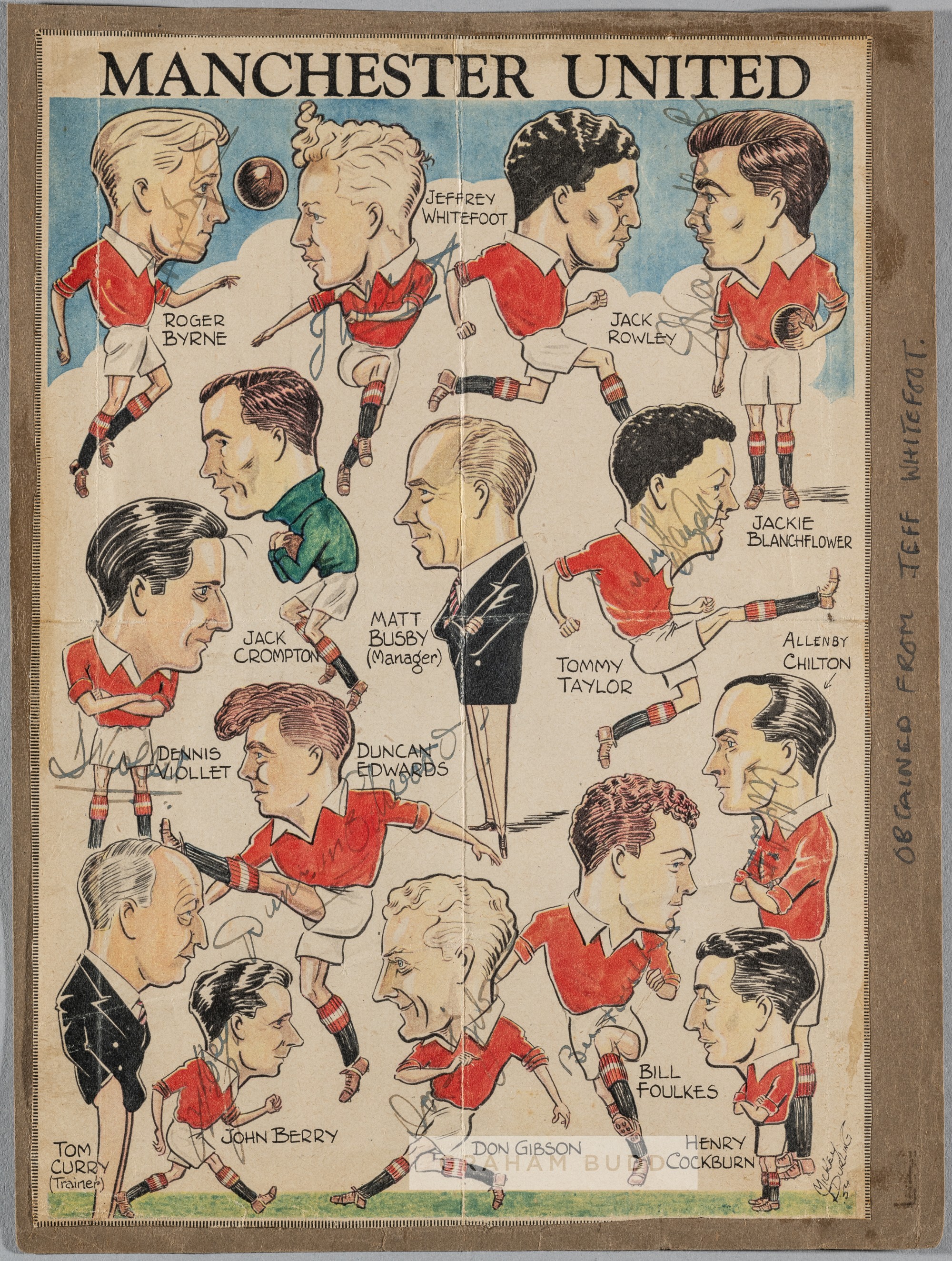 An original mid-1950s caricature sheet including nine Manchester United Busby Babes autographs,