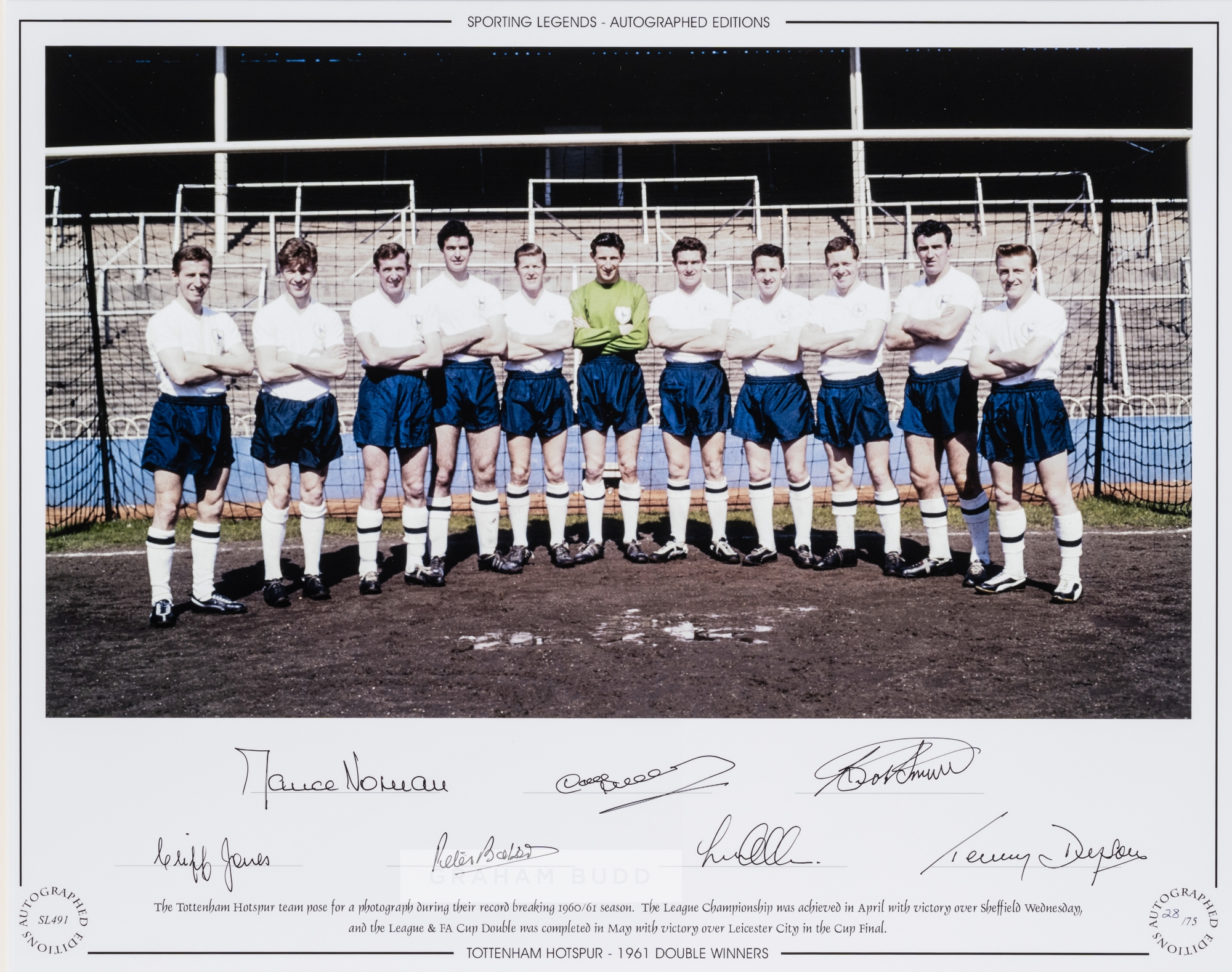 Sporting Legends Tottenham Hotspur 1961 Double Winners signed colour photographic print, featuring