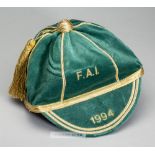 Republic of Ireland F.A.I representative cap, 1994, green velvet with gold braiding and tassel,