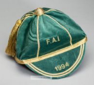 Republic of Ireland F.A.I representative cap, 1994, green velvet with gold braiding and tassel,