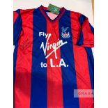 Mark Bright signed red and blue Crystal Palace retro home jersey, Score Draw, short-sleeved with