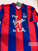 Mark Bright signed red and blue Crystal Palace retro home jersey, Score Draw, short-sleeved with