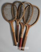 Four lawn tennis racquets, comprising T.H. Prosser & sons "The Daisy" convex wedge ridge handled