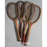 Four lawn tennis racquets, comprising T.H. Prosser & sons "The Daisy" convex wedge ridge handled