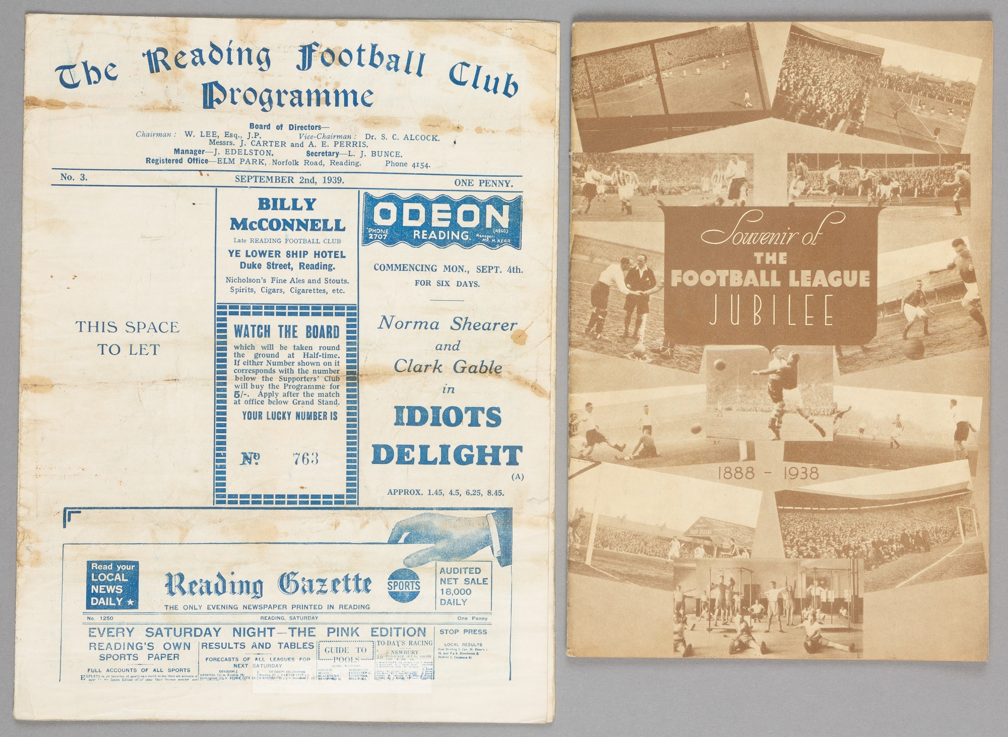 Two Reading programmes, the Football League Jubilee Match v Aldershot 20th August 1938 and Reading'