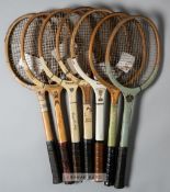 Collection of 25 wooden tennis racquets,  makers include Dunlop, William Sykes Sykraft,