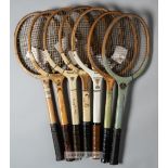 Collection of 25 wooden tennis racquets,  makers include Dunlop, William Sykes Sykraft,