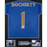 Tommy Docherty signed blue Chelsea No.1 tribute jersey display, blue jersey lettered DOCHERTY and