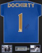 Tommy Docherty signed blue Chelsea No.1 tribute jersey display, blue jersey lettered DOCHERTY and