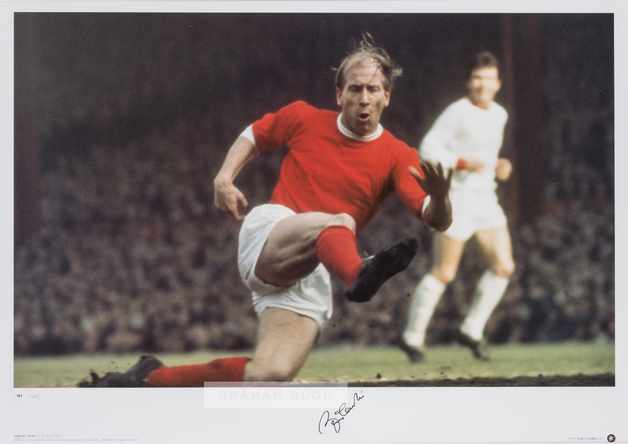 Legend Series Bobby Charlton signed colour photographic print, featuring Bobby Charlton in action on