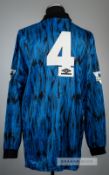 Steve Bruce blue and black Manchester United no.4 away jersey, season 1992-93, Umbro, long-sleeved