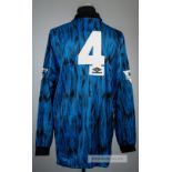Steve Bruce blue and black Manchester United no.4 away jersey, season 1992-93, Umbro, long-sleeved