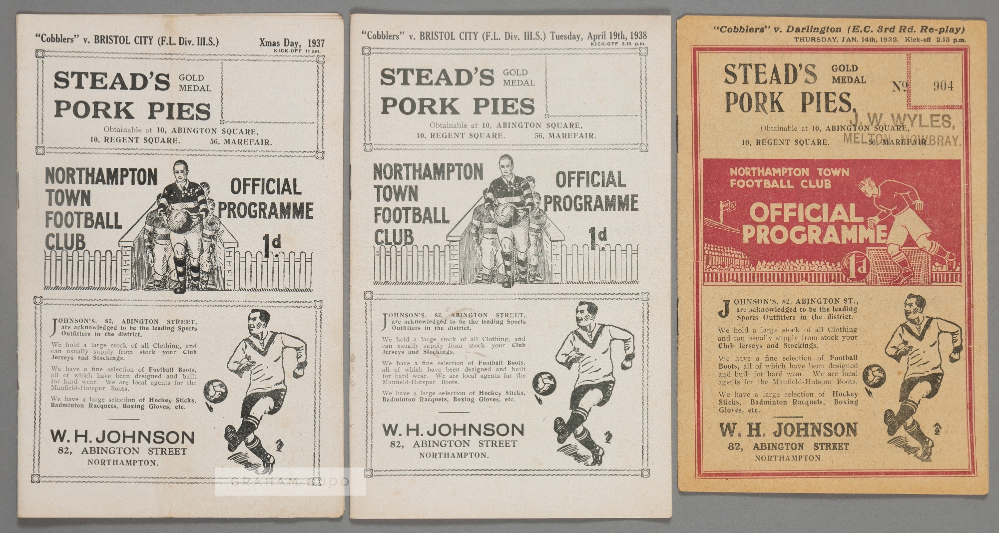 Three Northampton Town home programmes, the postponed programme v Bristol City 25th December 1937