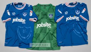 Three Portsmouth football jerseys, season 2017-18, comprising Oliver Hawkins blue no.9 home