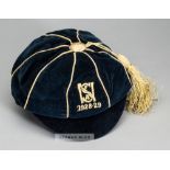 Nottingham School's representative football cap 1928-29, navy velvet cap with yellow tassel and