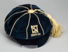 Nottingham School's representative football cap 1928-29, navy velvet cap with yellow tassel and