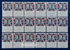 Set of 18 England 1966 World Cup Winners Jules Rimet cards, each measuring 10 by 7cm.,