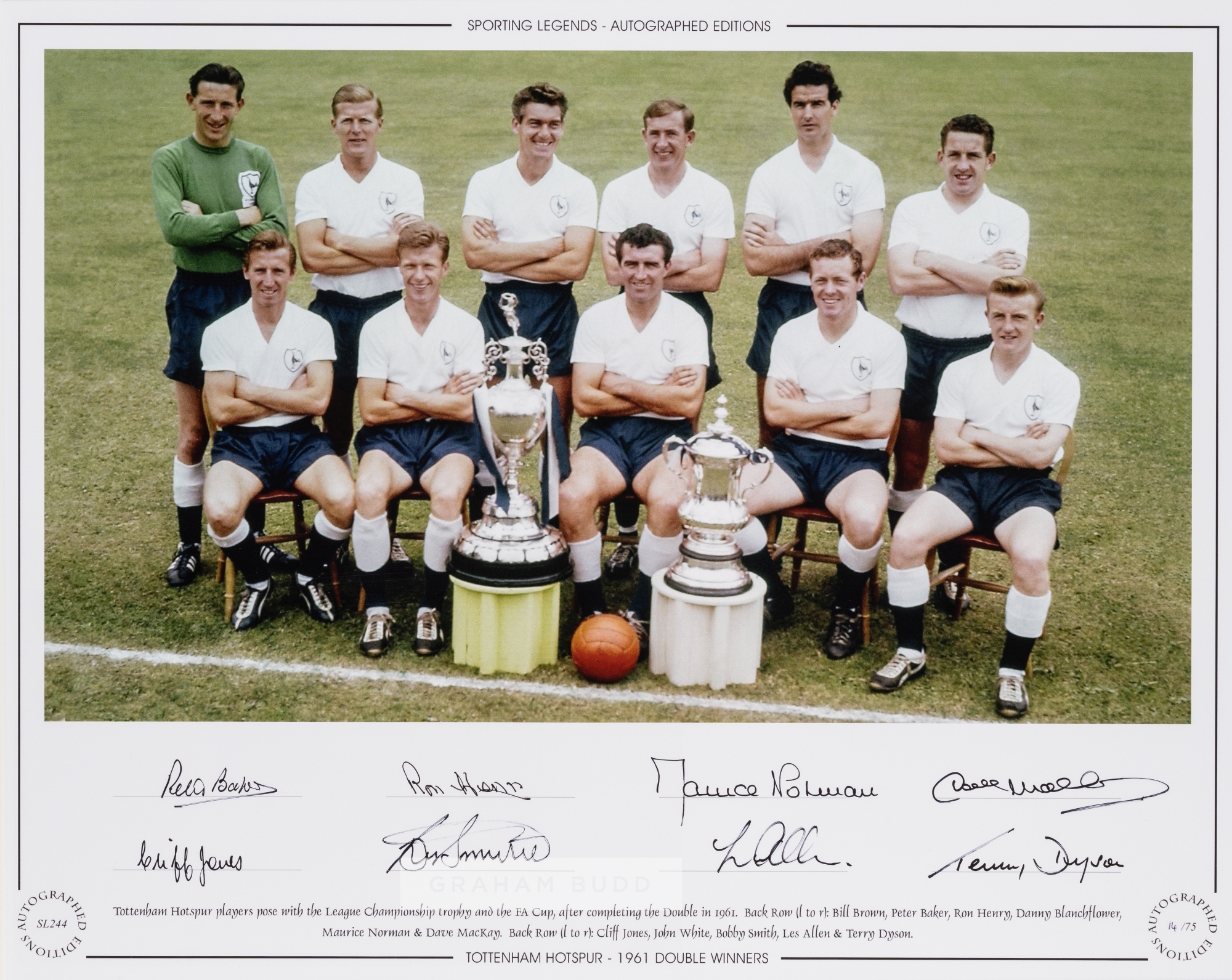 Sporting Legends Tottenham Hotspur 1961 Double Winners signed colour photographic print, featuring