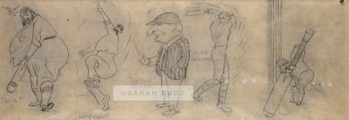 Tom Webster (British, 1886-1962) montage of cricketers drawing, circa 1940, pencil, featuring W.G.