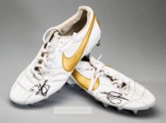 Pair of Portsmouth's Lee Brown signed Nike football boots, white boots with gold Nike symbol, signed