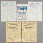 Five Reading away programmes, F.L. Division Two fixtures at Chelsea 2nd April 1927, and F.L.
