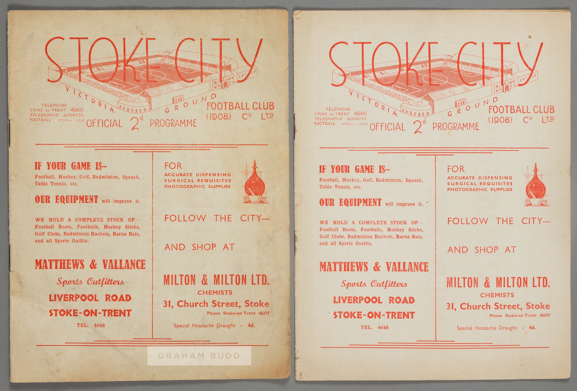 Two Stoke City 1930s home programmes, F.L. Division One fixtures v Charlton Athletic 2nd October