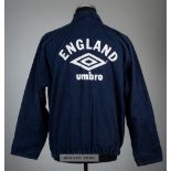 Rare England navy training drill top, Umbro, long-sleeved with Umbro logo to front, reverse lettered
