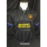 Manchester United Eric Cantona signed black away retro shirt as worn when he administered his Kung-