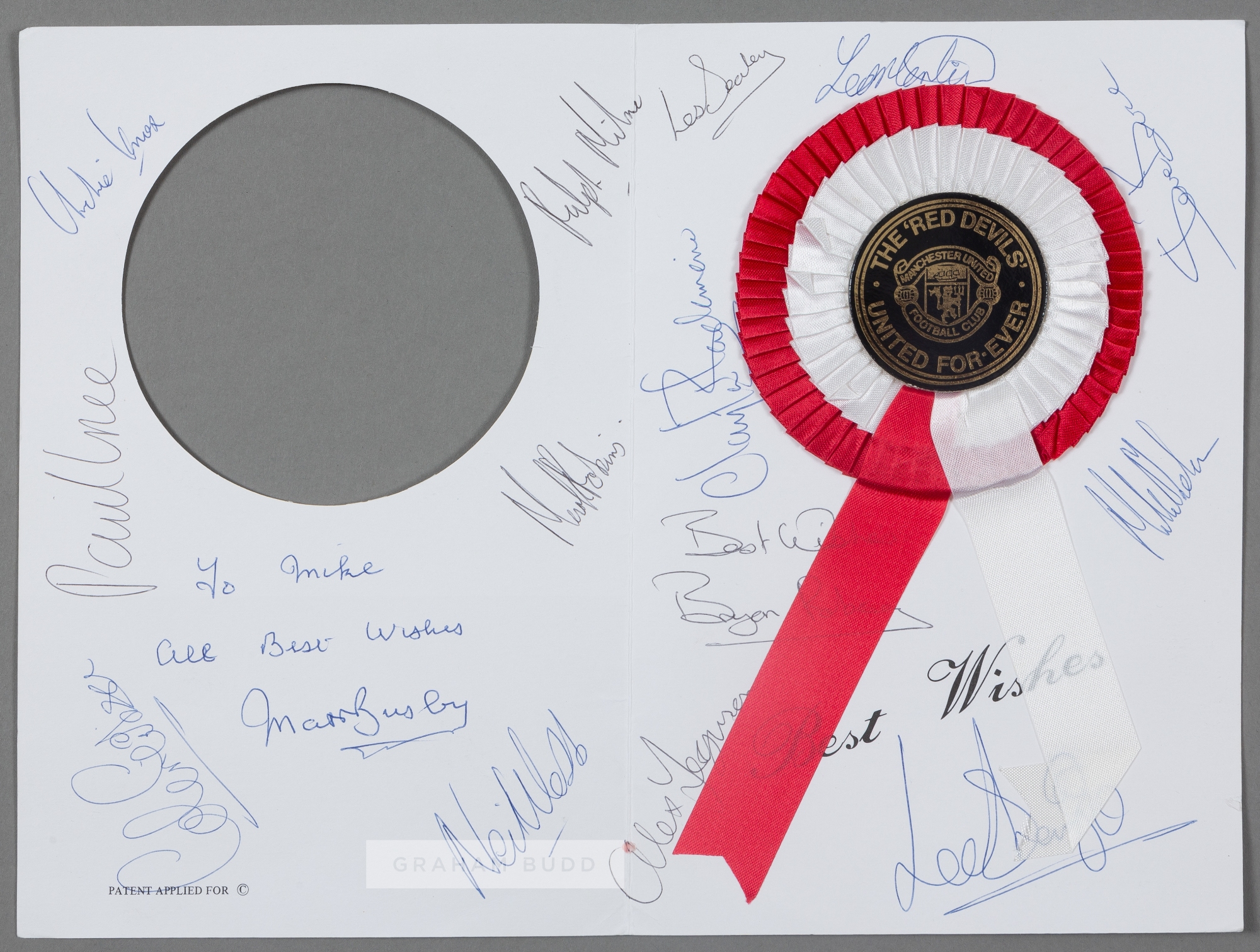An autographed Manchester United Rosette greetings card, signed inside by Matt Busby, Alex Ferguson,