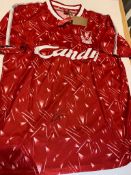 John Barnes signed red Liverpool retro jersey, short-sleeved with club crest and Candy sponsor logo,