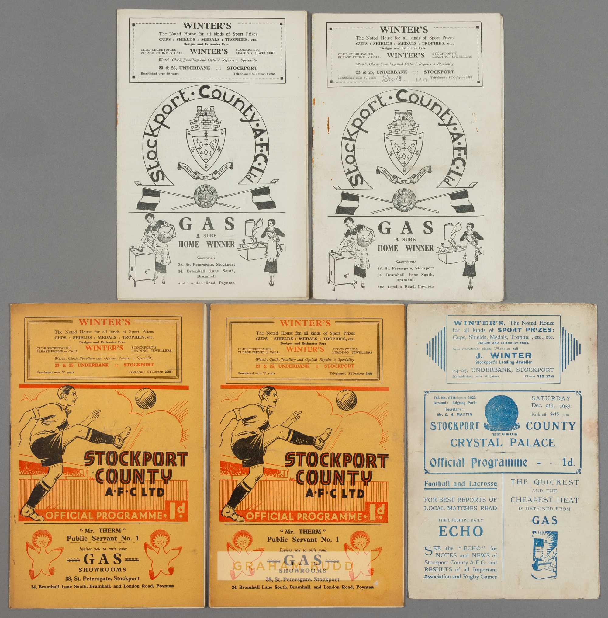 Five Stockport County 1930s home programmes, FAC2 v Crystal Palace 9th December 1933, F.L. Division