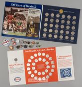 Collection of football related collector's badges and commemorative coins, including large