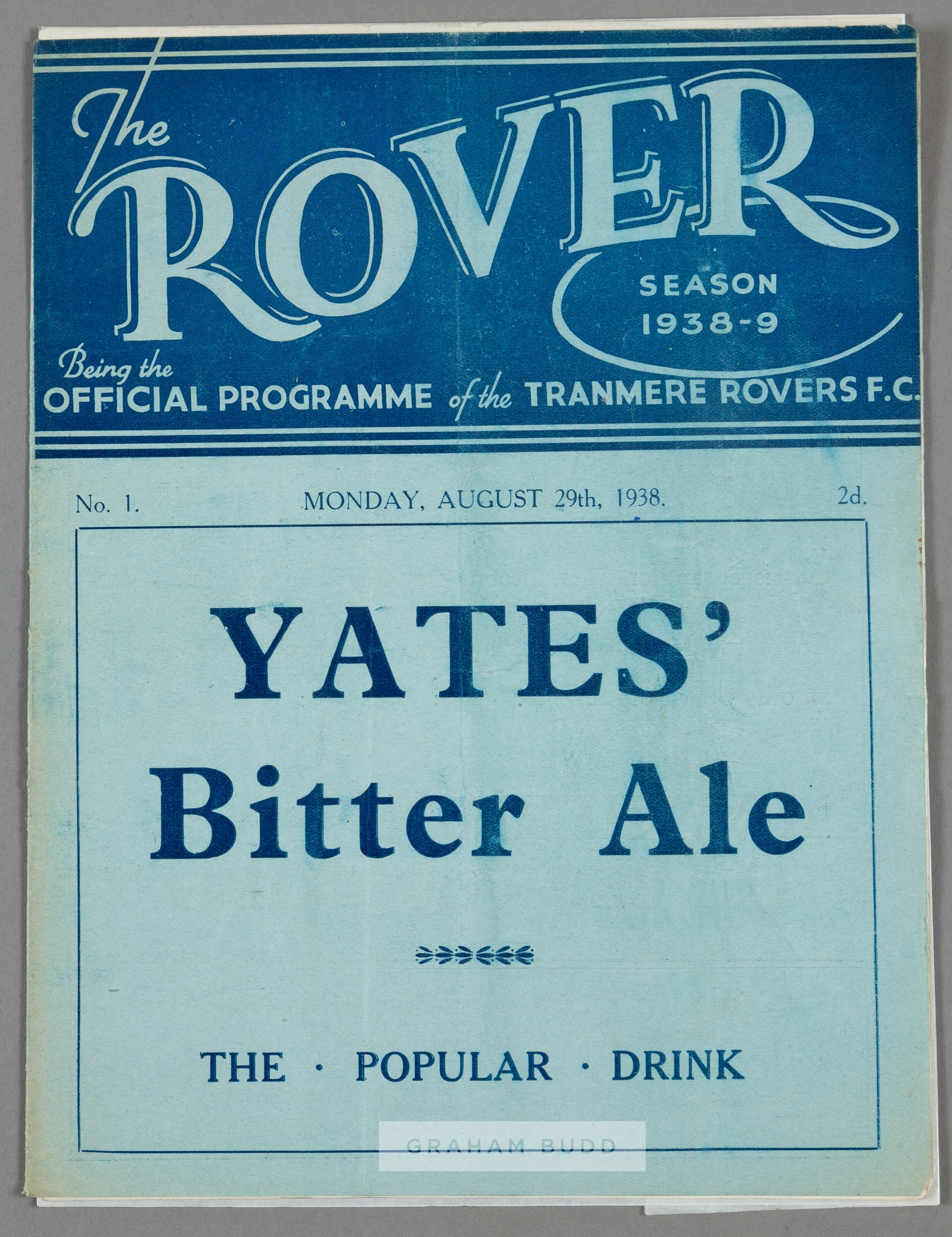 Tranmere Rovers v Millwall programme 29th August 1938, F.L. Division Two