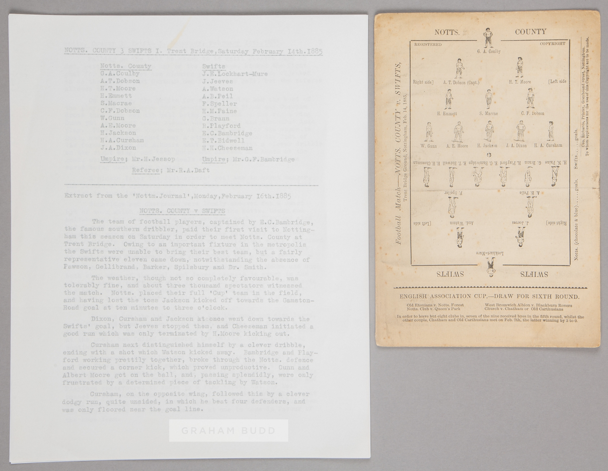 Notts County v Swifts FC (Slough) programme 14th February 1885, sold with a typescript copy of the - Image 2 of 2