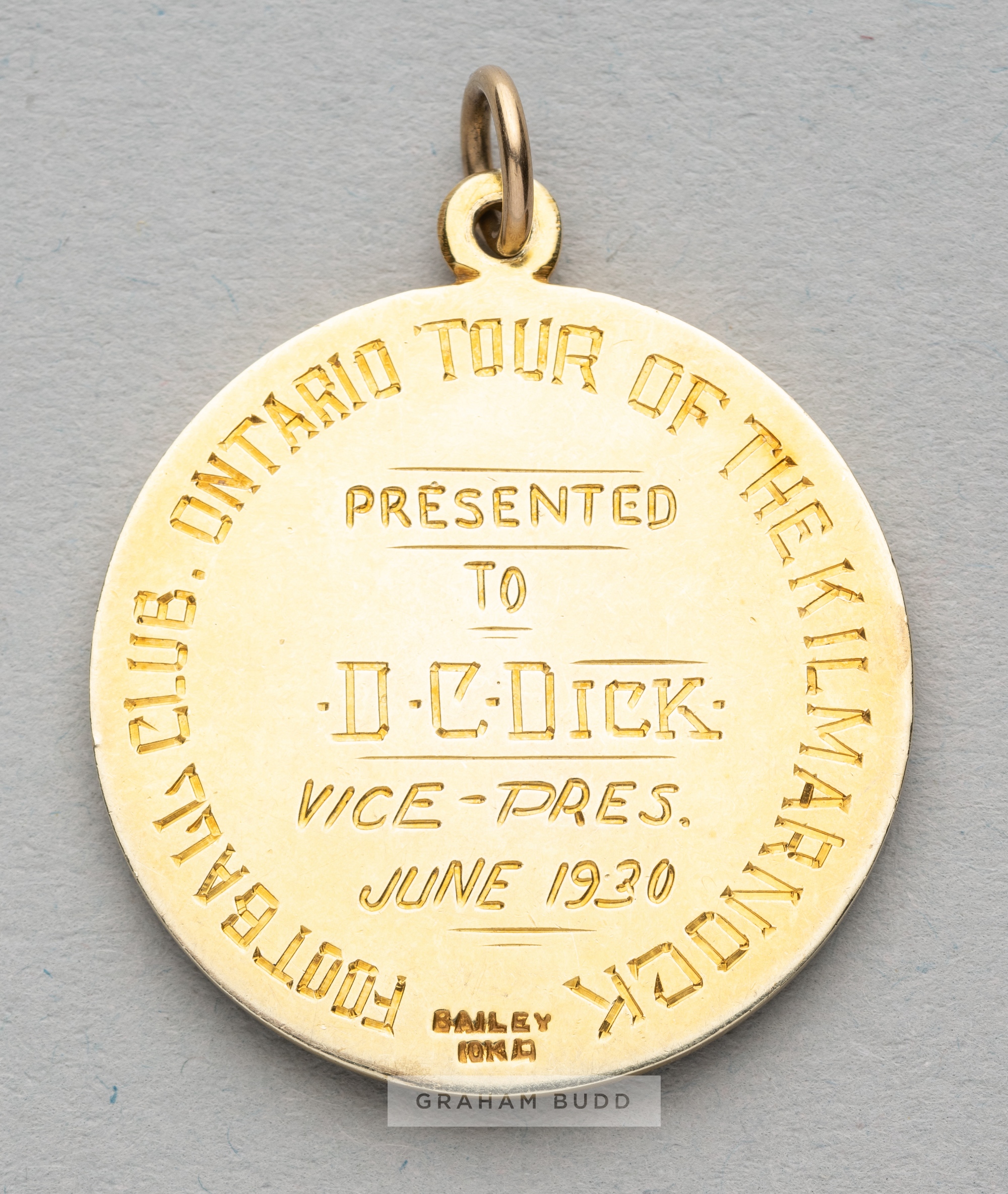 Ontario Football Association medal awarded to Kilmarnock Vice President D.C. Dick for the Canadian